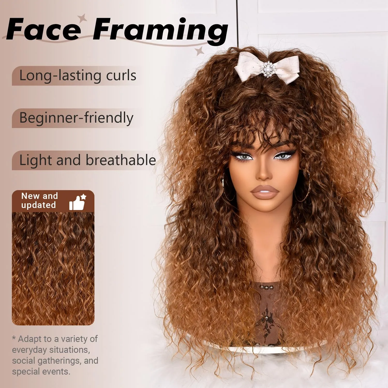 SOFUN Ombre Brown Curly Wig With Bangs for Black Women Long Curly Human Hair Glueless Wig for Daily,Realistic Look with True Scalp