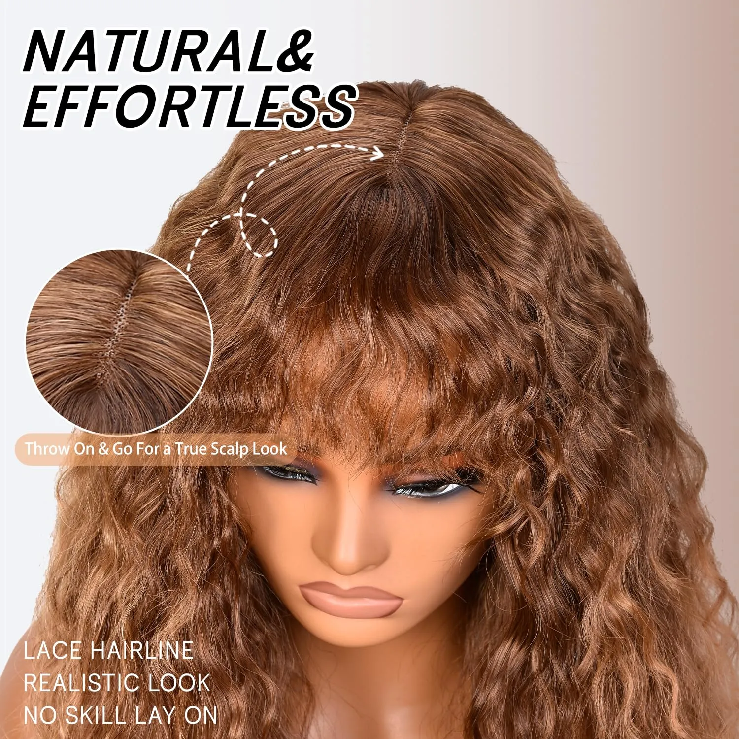 SOFUN Ombre Brown Curly Wig With Bangs for Black Women Long Curly Human Hair Glueless Wig for Daily,Realistic Look with True Scalp