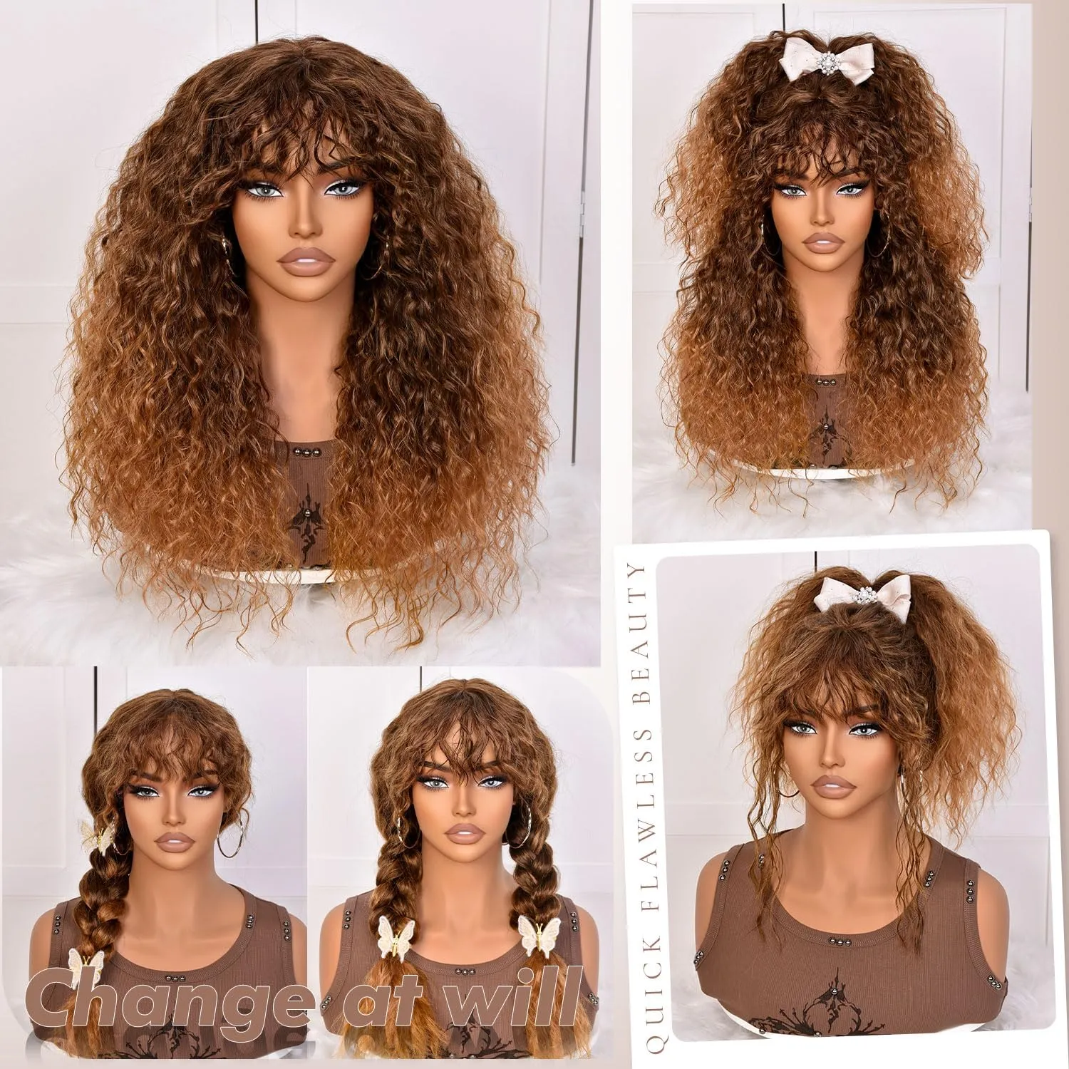 SOFUN Ombre Brown Curly Wig With Bangs for Black Women Long Curly Human Hair Glueless Wig for Daily,Realistic Look with True Scalp