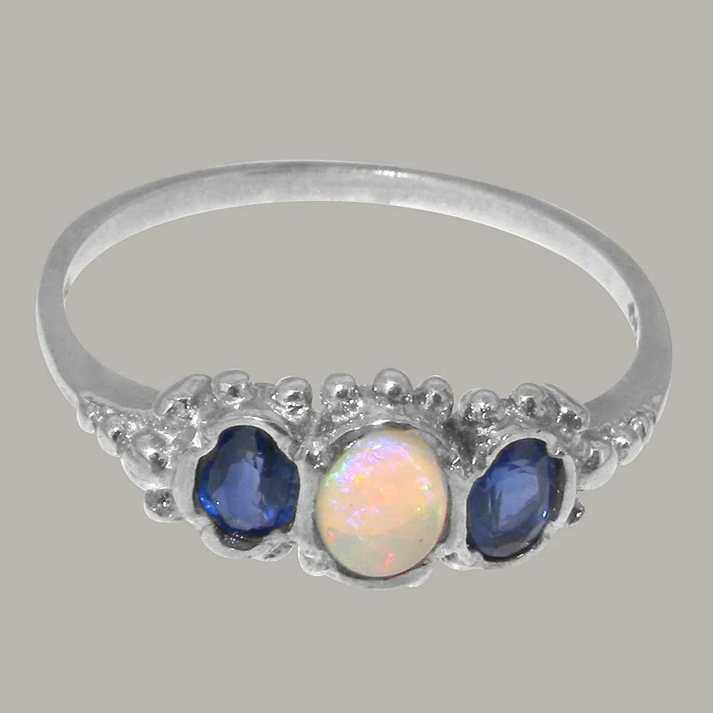 Solid 925 Sterling Silver Natural Opal & Sapphire Womens Trilogy Ring - Sizes 4 to 12 Available