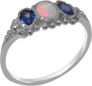 Solid 925 Sterling Silver Natural Opal & Sapphire Womens Trilogy Ring - Sizes 4 to 12 Available