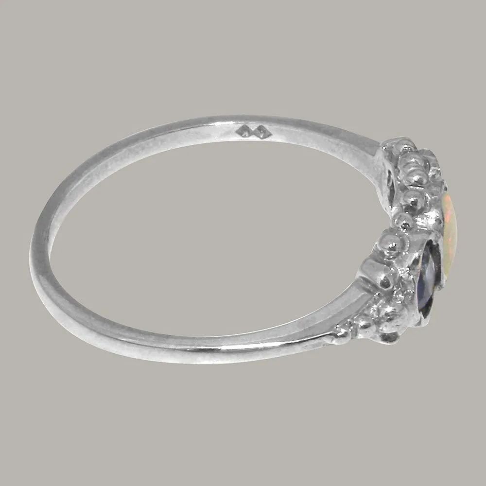 Solid 925 Sterling Silver Natural Opal & Sapphire Womens Trilogy Ring - Sizes 4 to 12 Available