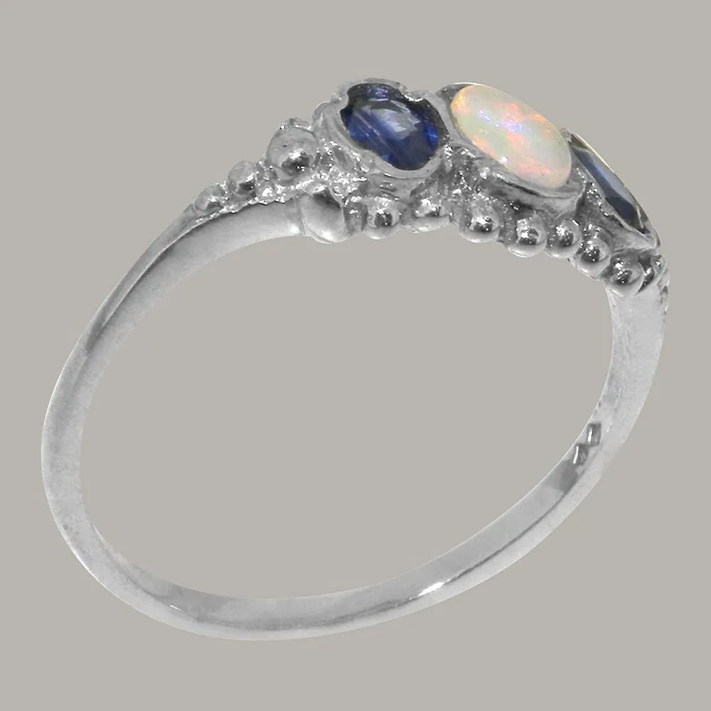 Solid 925 Sterling Silver Natural Opal & Sapphire Womens Trilogy Ring - Sizes 4 to 12 Available
