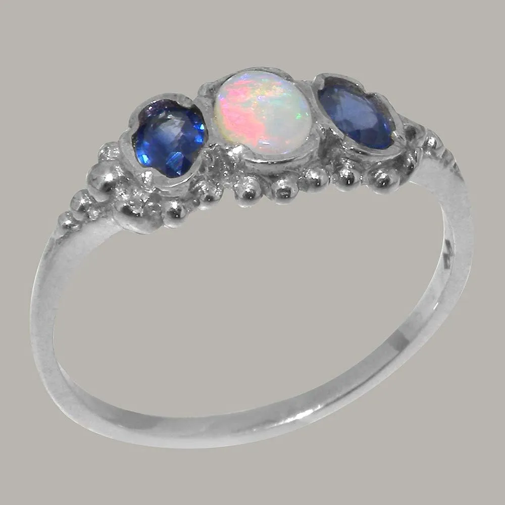 Solid 925 Sterling Silver Natural Opal & Sapphire Womens Trilogy Ring - Sizes 4 to 12 Available