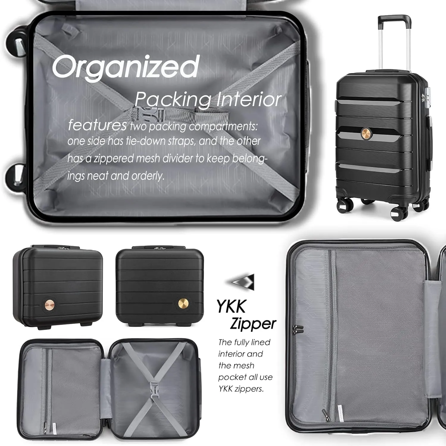 Somago 20 Inch Carry On Luggage Sets Hardside Suitcase with Double Spinner Wheels and TSA Lock YKK Zipper (Classic Black,14/20)