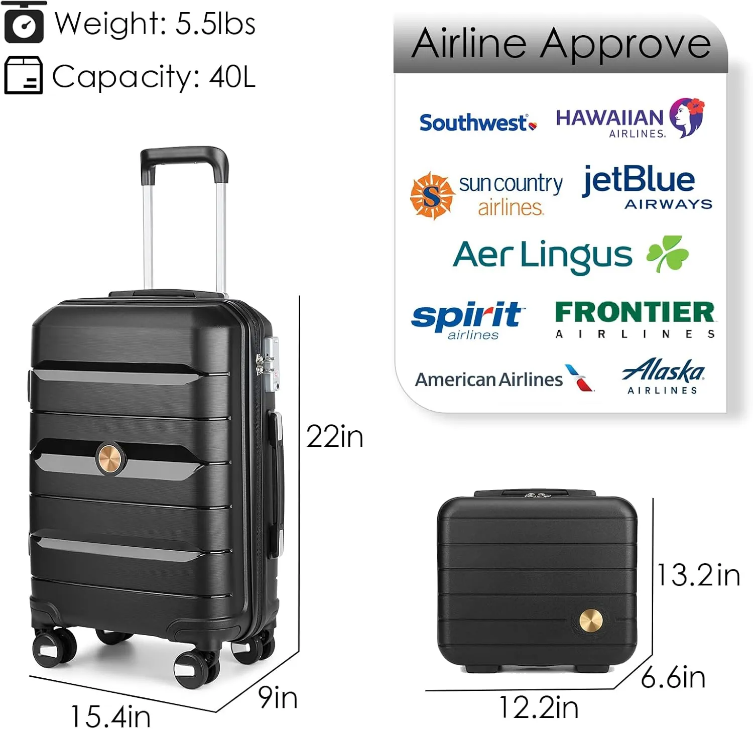 Somago 20 Inch Carry On Luggage Sets Hardside Suitcase with Double Spinner Wheels and TSA Lock YKK Zipper (Classic Black,14/20)