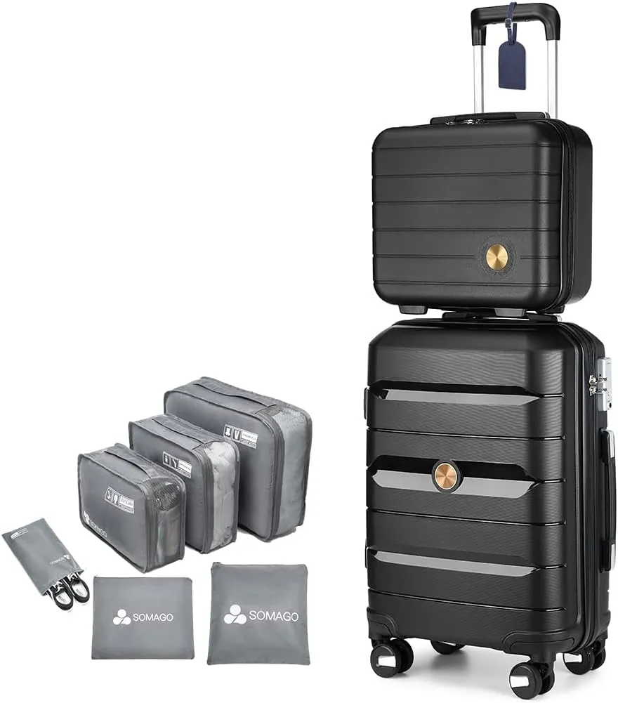 Somago 20 Inch Carry On Luggage Sets Hardside Suitcase with Double Spinner Wheels and TSA Lock YKK Zipper (Classic Black,14/20)