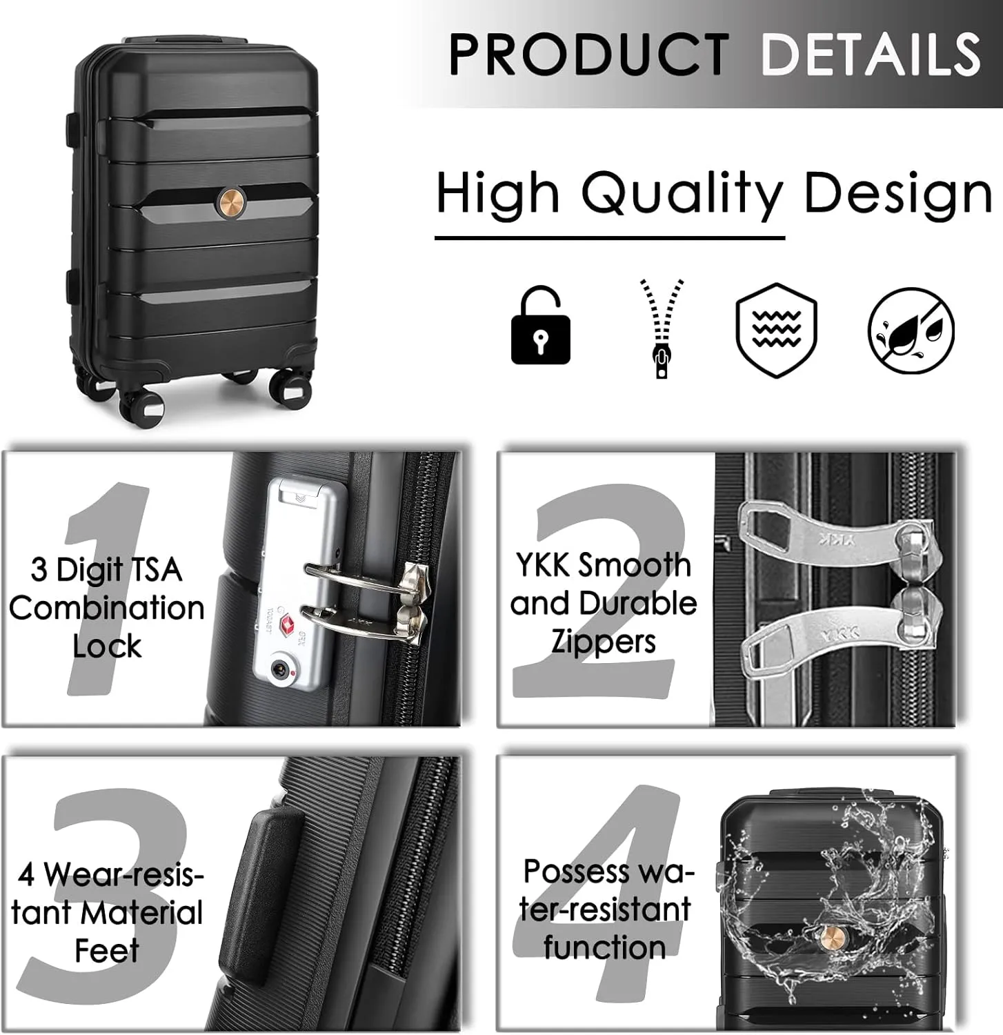 Somago 20 Inch Carry On Luggage Sets Hardside Suitcase with Double Spinner Wheels and TSA Lock YKK Zipper (Classic Black,14/20)
