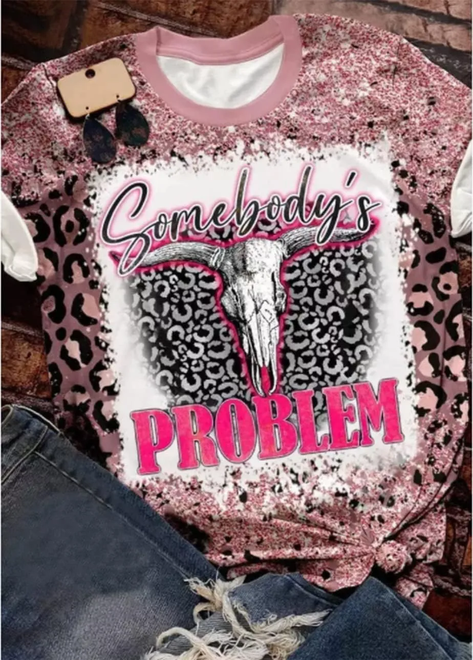 Somebody's Problem T-Shirt for Women Vintage Bleached Country Music Tshirt Retro Leopard Graphic Casual Shirt Tops