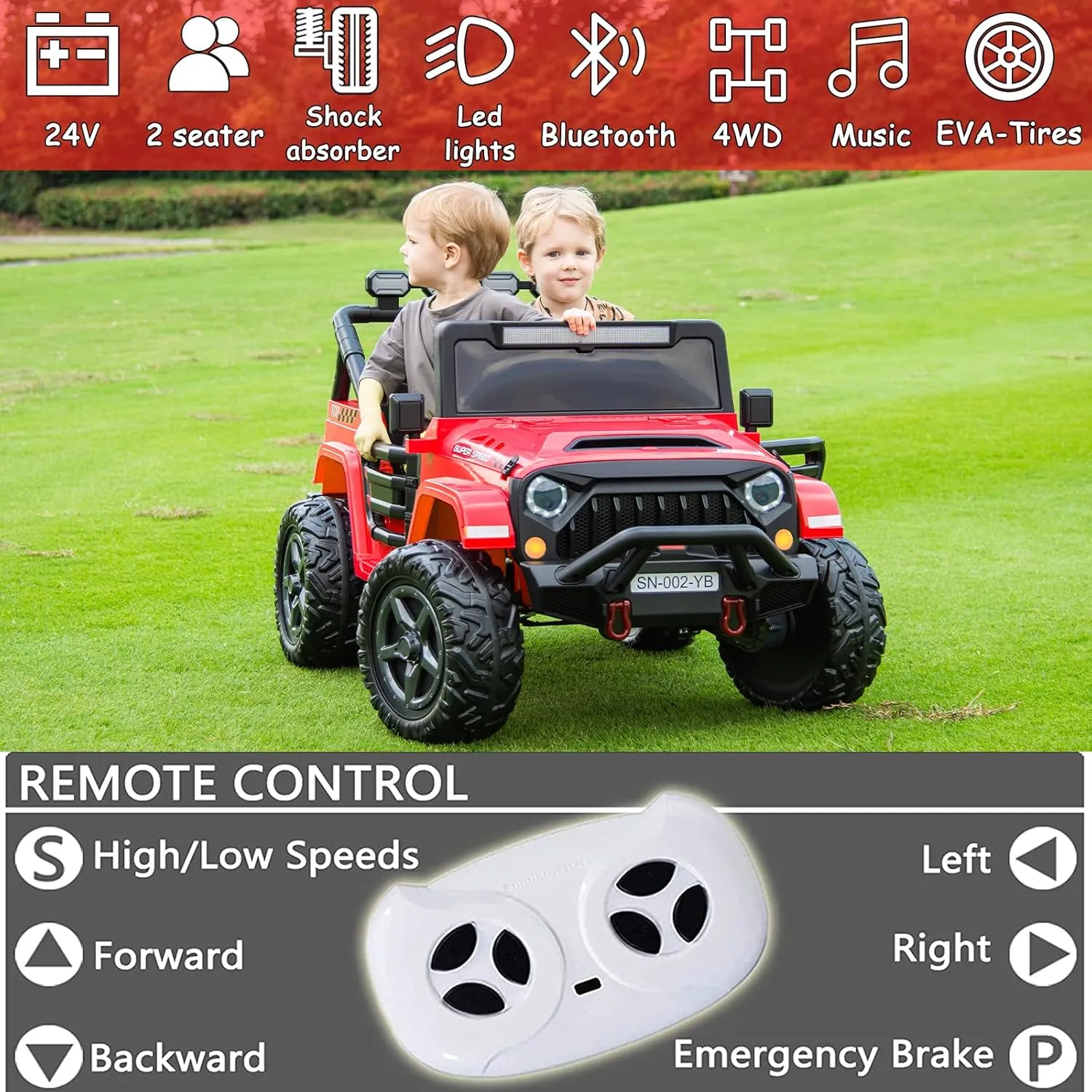 Sopbost 2 Seater 24V Ride On Truck 4WD Off-Road Buggy Kids UTV Ride On Toys with Remote Control Electric Vehicle with EVA Tires Wheels, LED Headlights, Toolbox, Red