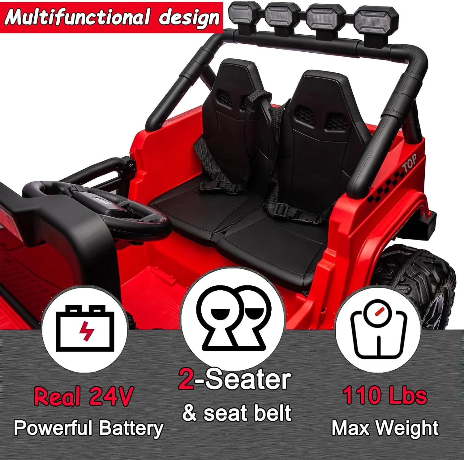 Sopbost 2 Seater 24V Ride On Truck 4WD Off-Road Buggy Kids UTV Ride On Toys with Remote Control Electric Vehicle with EVA Tires Wheels, LED Headlights, Toolbox, Red