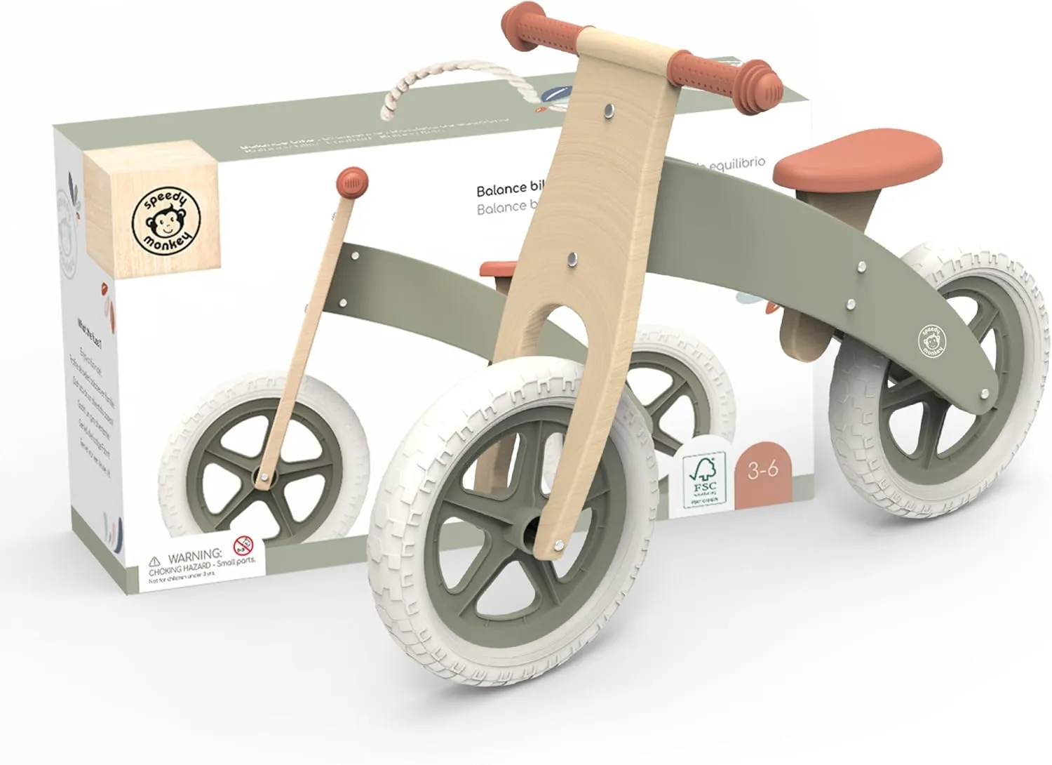 SPEEDY MONKEY Wooden Balance Bike – Ergonomic Design with Cushioned Seat & Low Stride Frame, Safe & Comfortable for Toddlers, Develops Motor Skills & Balance, Ideal for Ages 3-6, Bike for Beginners.