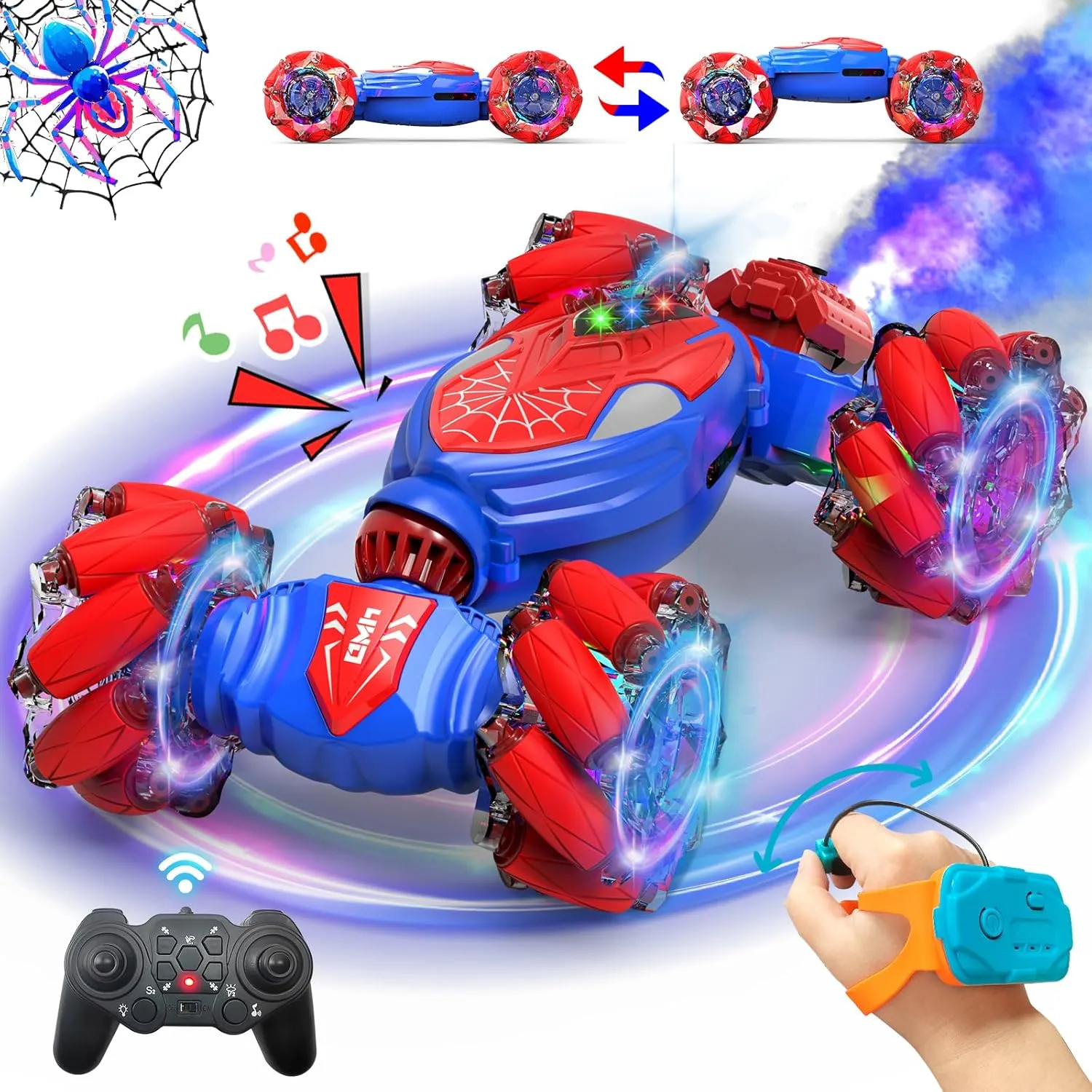 Spider Remote Control Stunt Car: Birthday Gifts for Boys Toys Ages 4-6 - 2.4Ghz Gesture Sensing with Light and Music Spray - 4WD 360° Rotate Drift RC Cars for 8-12 Kids