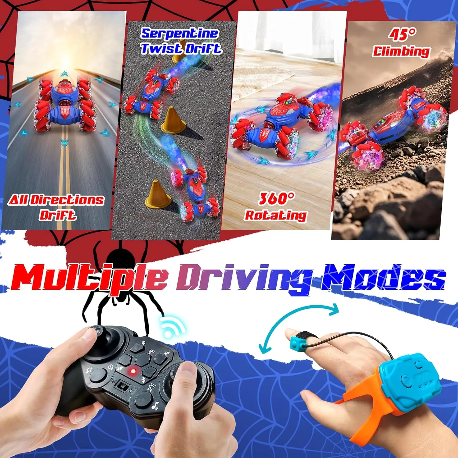 Spider Remote Control Stunt Car: Birthday Gifts for Boys Toys Ages 4-6 - 2.4Ghz Gesture Sensing with Light and Music Spray - 4WD 360° Rotate Drift RC Cars for 8-12 Kids