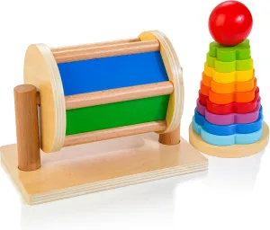 Spinning Drum for Babies 6M , Rainbow Baby Toy, Montessori Baby Toys Play Kit, Medium Drum and Shape Stacker for 6-12 Months Toddlers, Gift for One Year Old Boys and Girls