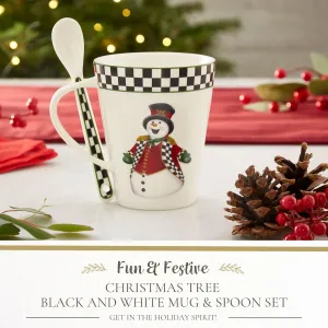 Spode Christmas Tree Mug & Spoon Set, 14 Oz Porcelain Mug for Coffee, Tea, Milk, Hot Cocoa - Festive Gift Box - Dishwasher & Microwave Safe - Holiday Collection Design for Gifting (Black & White)