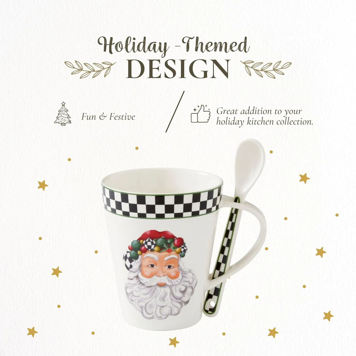 Spode Christmas Tree Mug & Spoon Set, 14 Oz Porcelain Mug for Coffee, Tea, Milk, Hot Cocoa - Festive Gift Box - Dishwasher & Microwave Safe - Holiday Collection Design for Gifting (Black & White)