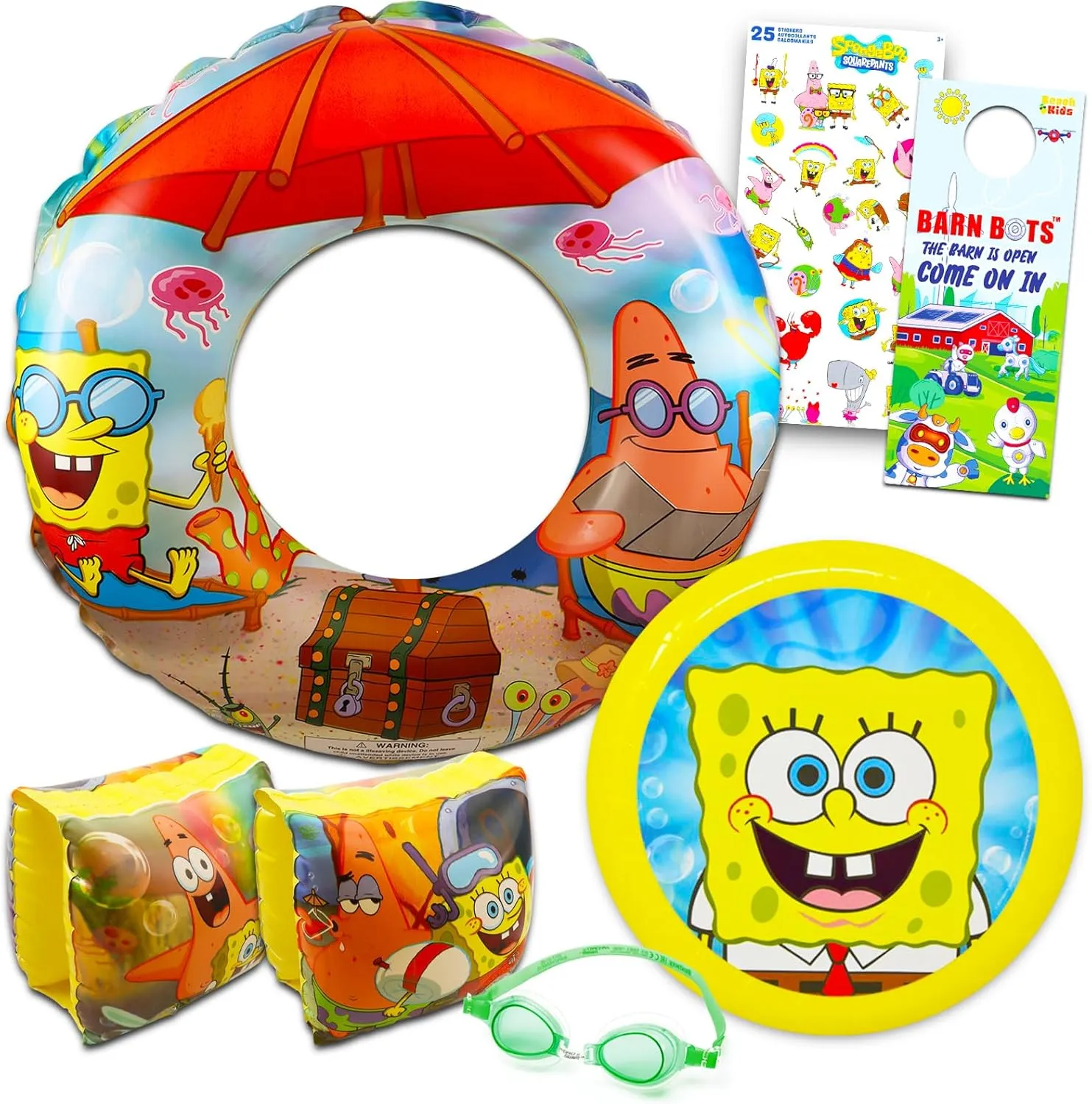 Spongebob Squarepants Ultimate Beach Set - 6 Pc Spongebob Pool Toys Bundle with Spongebob Flying Disc, Swim Ring, Arm Floaties, Goggles, Plus Stickers and More