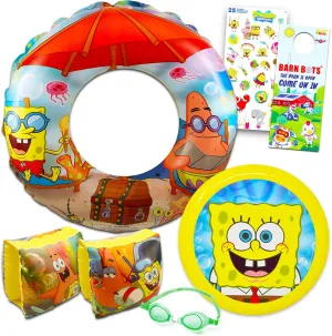 Spongebob Squarepants Ultimate Beach Set - 6 Pc Spongebob Pool Toys Bundle with Spongebob Flying Disc, Swim Ring, Arm Floaties, Goggles, Plus Stickers and More