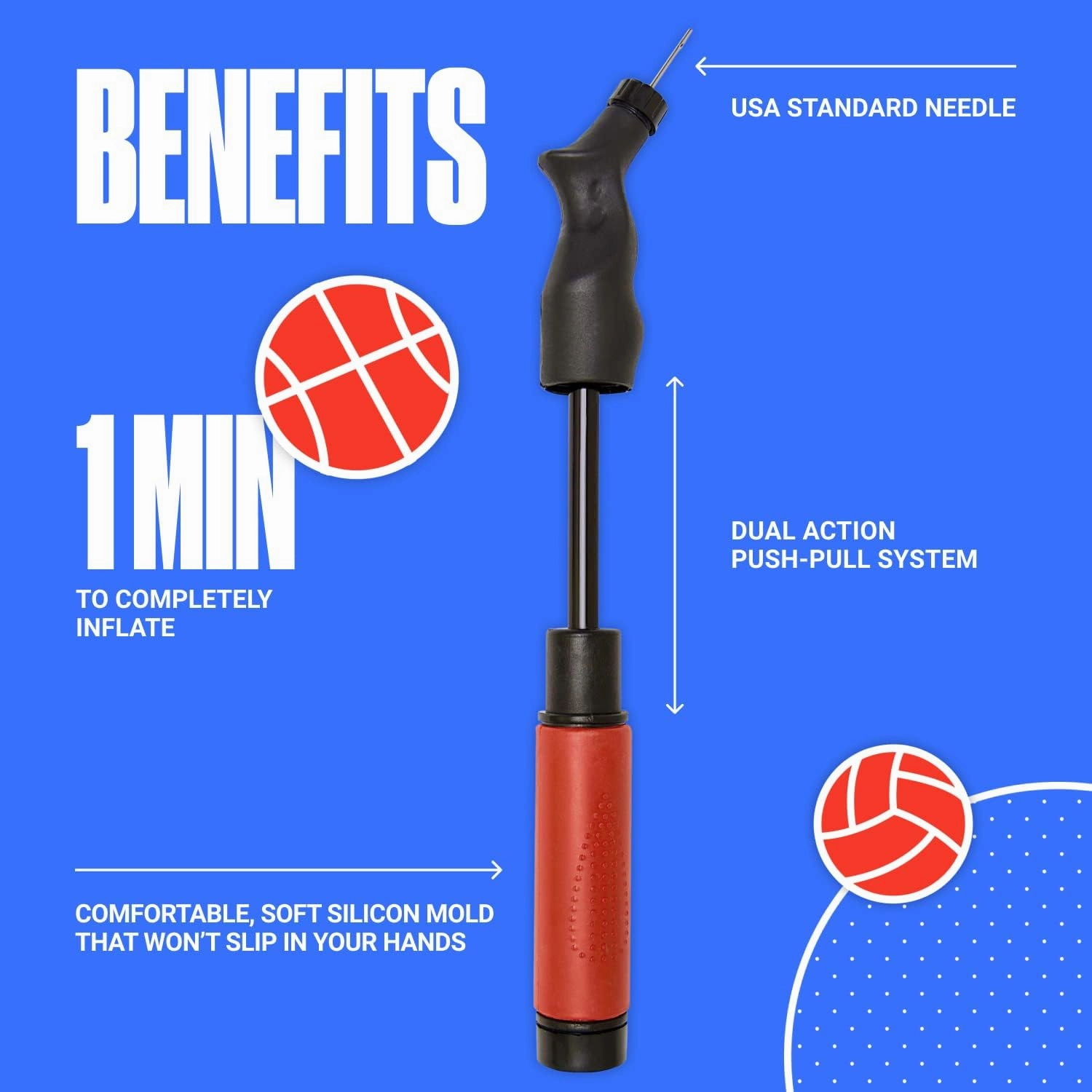 SPORTBIT Ball Pump for Sports Balls - Push & Pull Inflating System - Hand Pump for All Exercise Balls