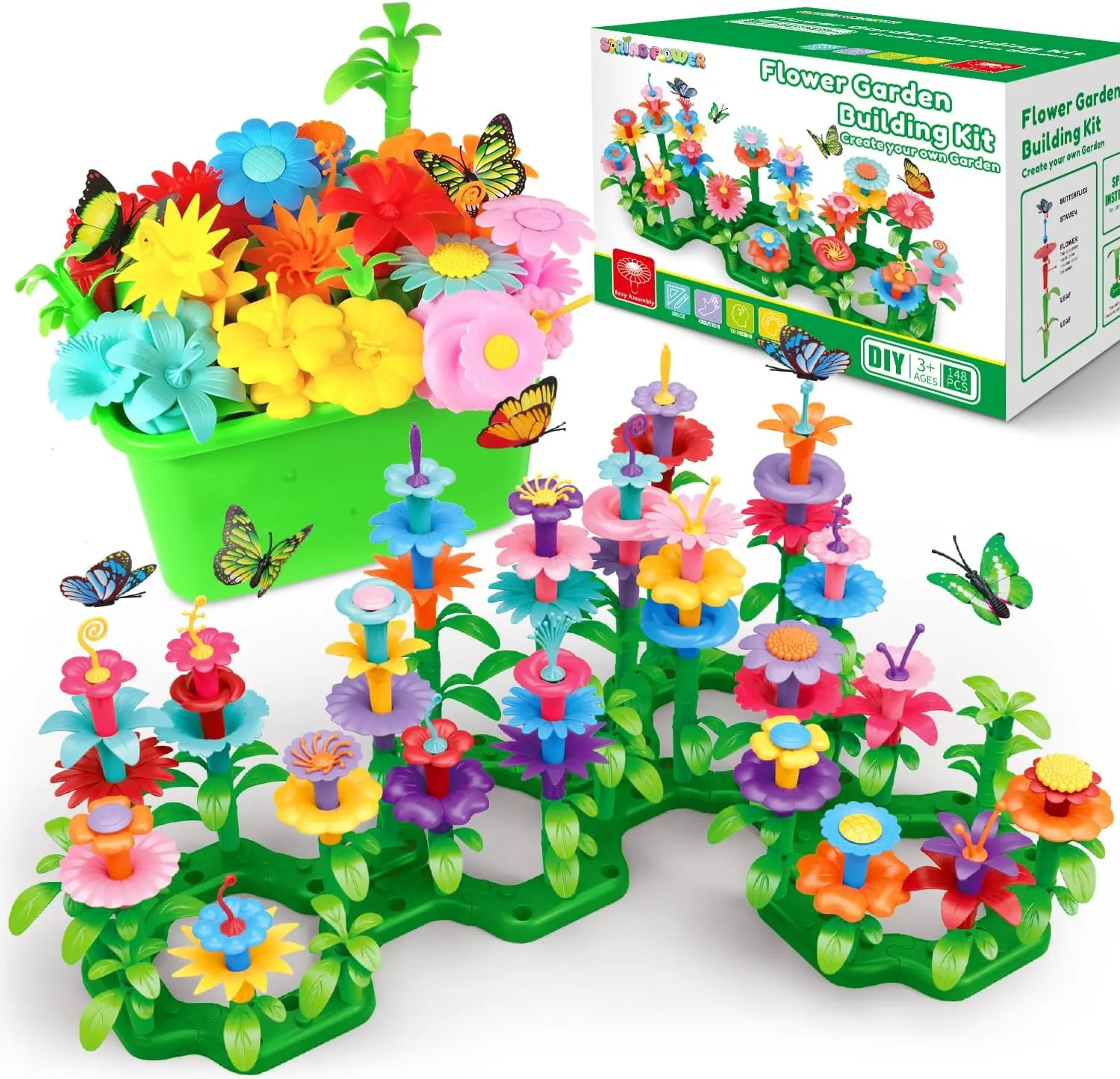SpringFlower Toys for Girls 3 4 5 6 7 Years Old, Flower Garden Building Kit with Storage case,Educational STEM Toy and Preschool Garden Play Set for Toddlers, 148pcs