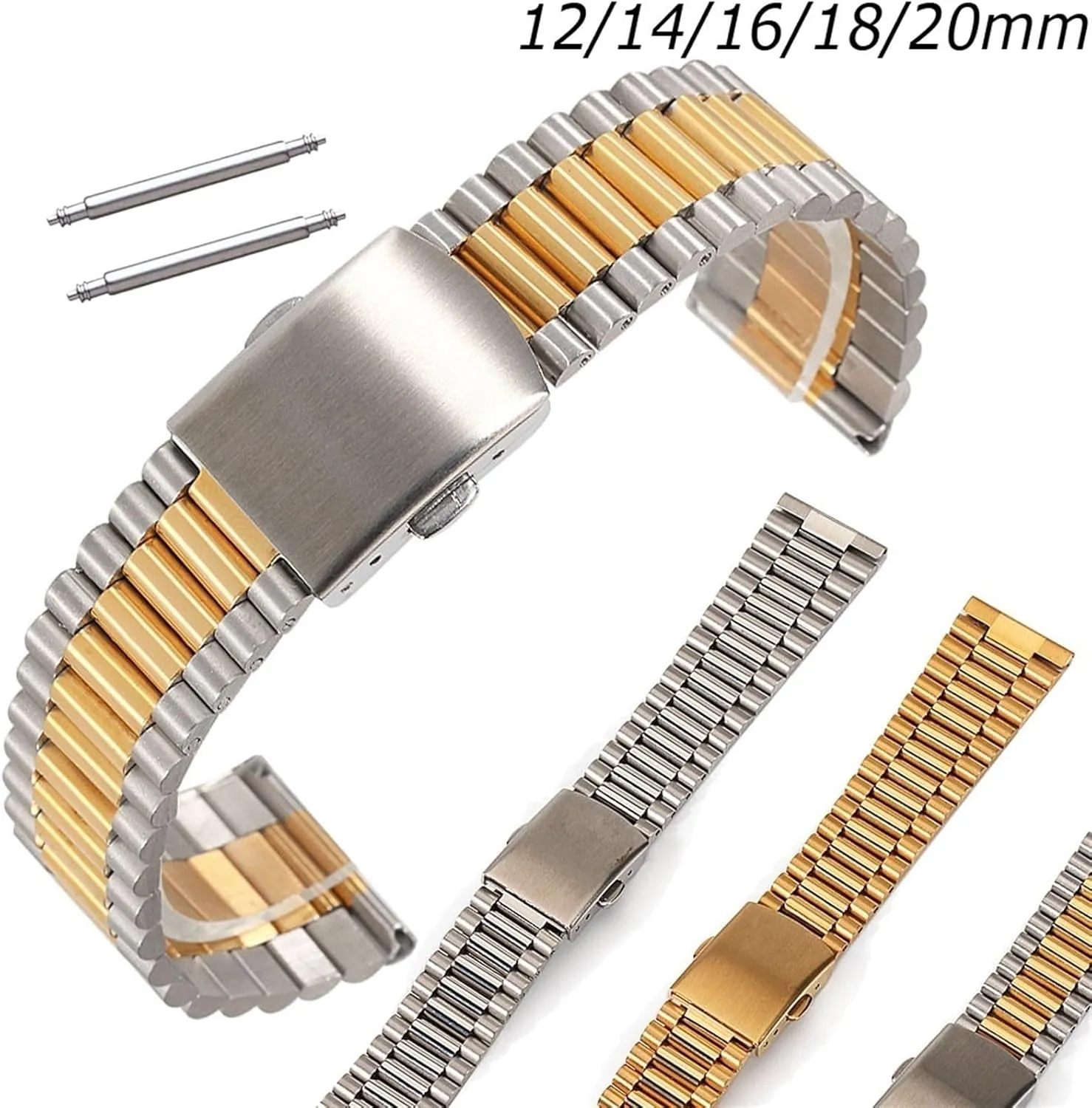 Stainless Steel Metal Strap 12mm 14mm 16mm 18mm 20mm Universal Watch Strap Folding Buckle Men Women
