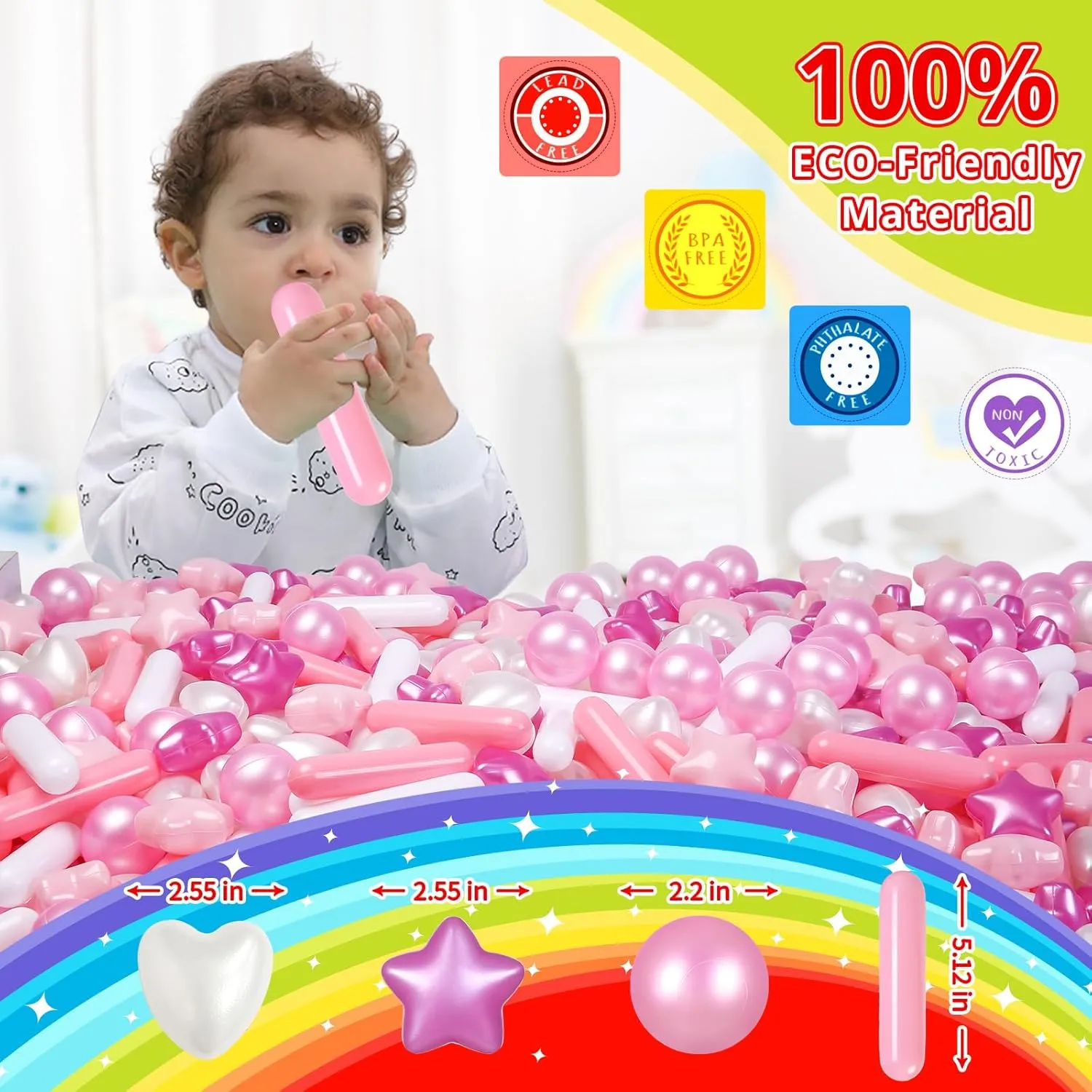 STARBOLO Ball Pit Balls for Toddlers - 500 Pcs Pearl Star Heart Long Ball Pit Balls Crush Proof Plastic Toy Balls for Toddlers Ball Pits, Ball Pit Play Tent, Baby Pool Water Toys