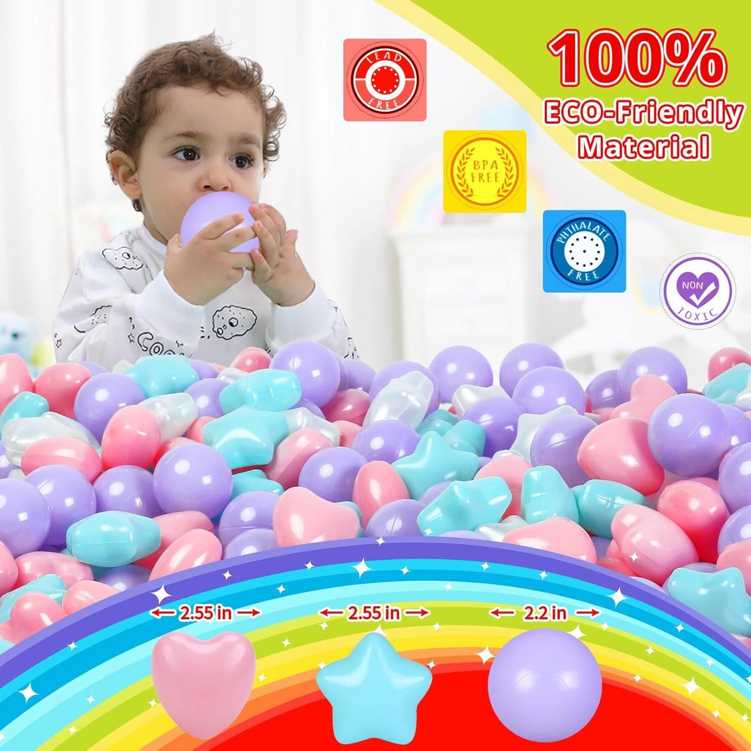 STARBOLO Ball Pit Balls for Kids - Mixed Star Heart Round Crush Proof Play Plastic Balls for Ball Pit Phthalate Free BPA Free Non-Toxic Indoor Outdoor,Soft Plastic Pool Balls for Kids Birthday Party.