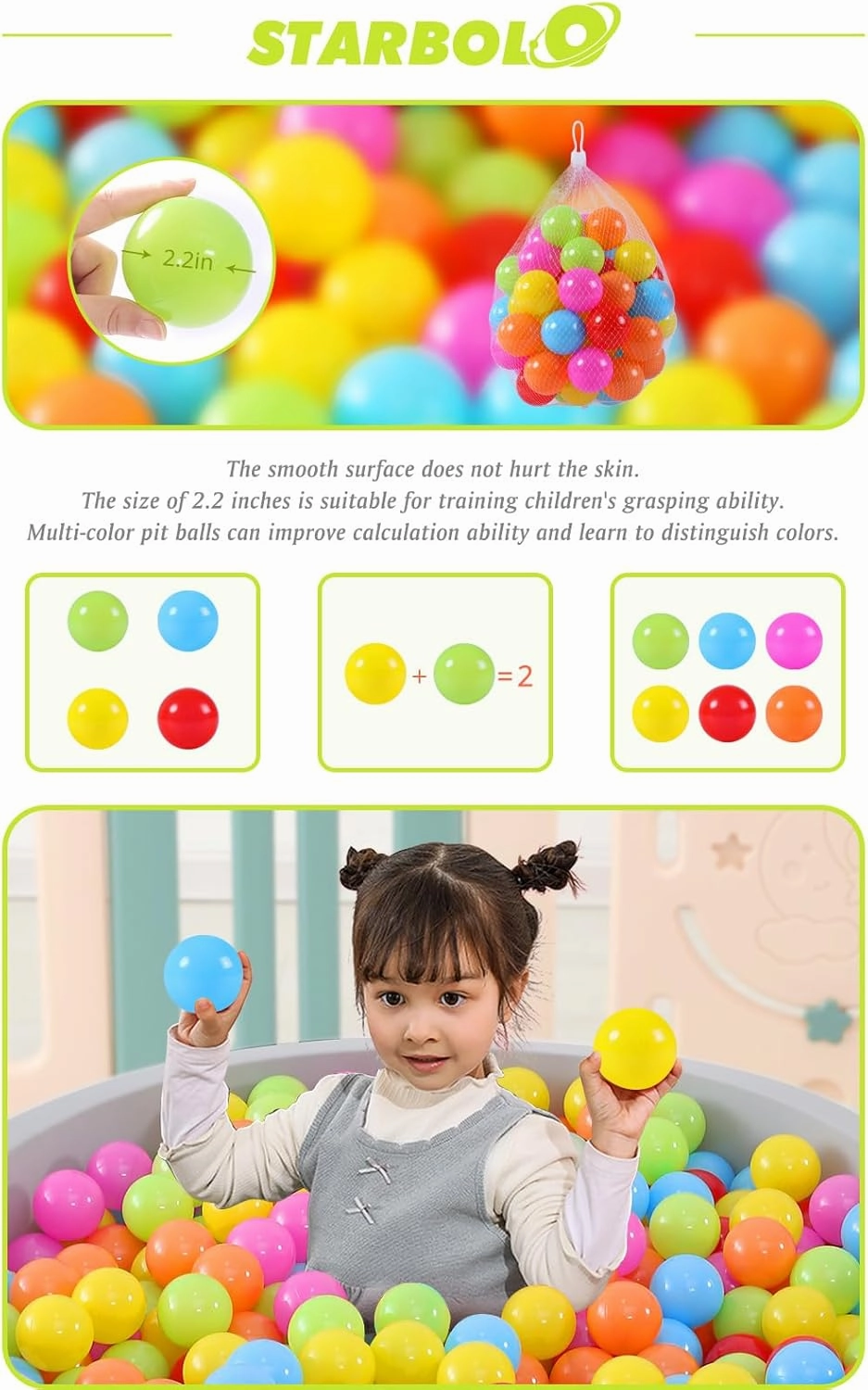 STARBOLO Ball Pit Balls Pack of 100 - BPA&Phthalate Free Non-Toxic Crush Proof Play Pit Soft Plastic Ball for 1 2 3 4 5 Years Old Toddlers Baby Kids Birthday Pool Tent Party
