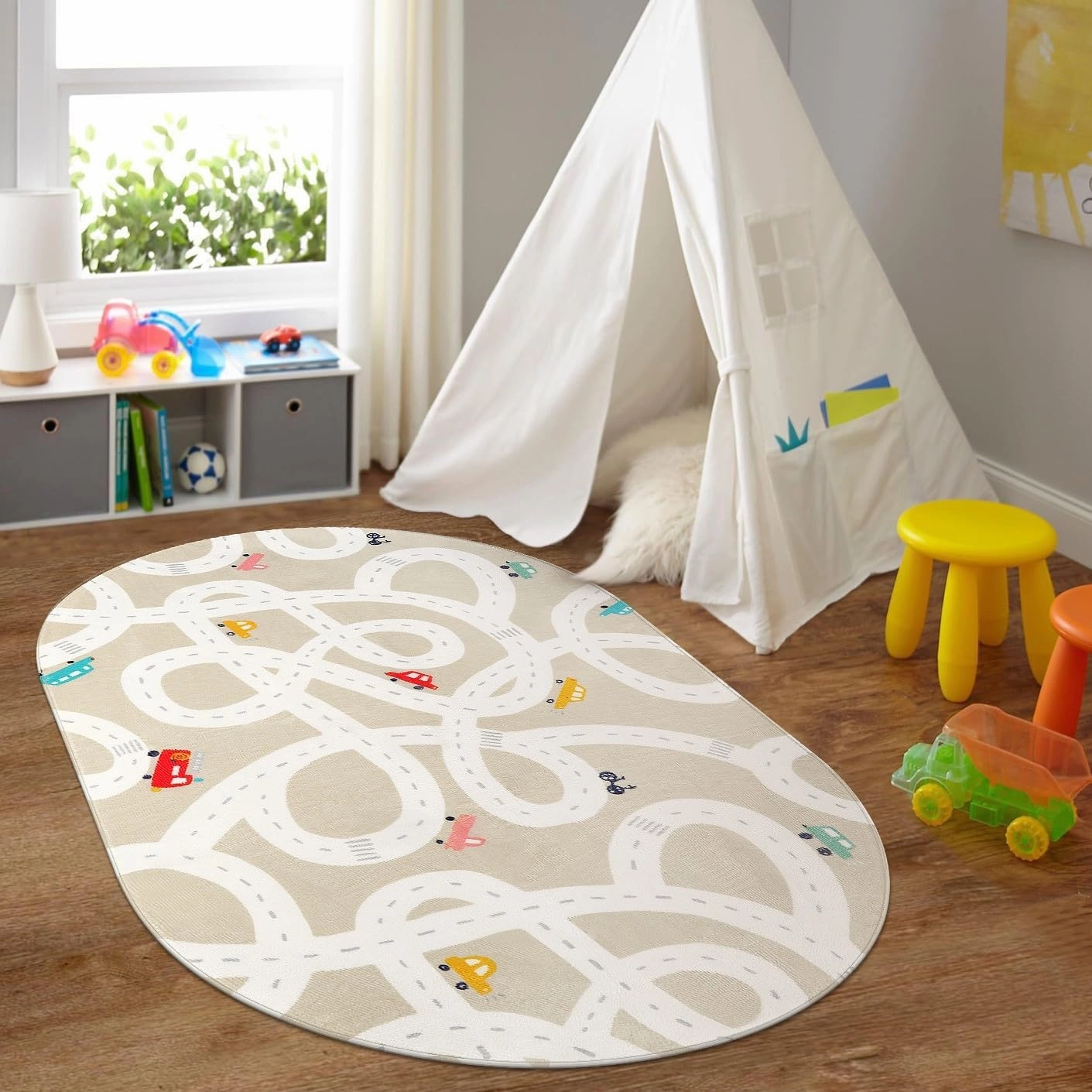 STARUIA Large Washable Road Rug for Playroom, 4'x6', Tan Traffic Classroom Rug, Non-Slip Baby Play Mat for Dorm Toy Room Tent