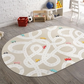 STARUIA Large Washable Road Rug for Playroom, 4'x6', Tan Traffic Classroom Rug, Non-Slip Baby Play Mat for Dorm Toy Room Tent