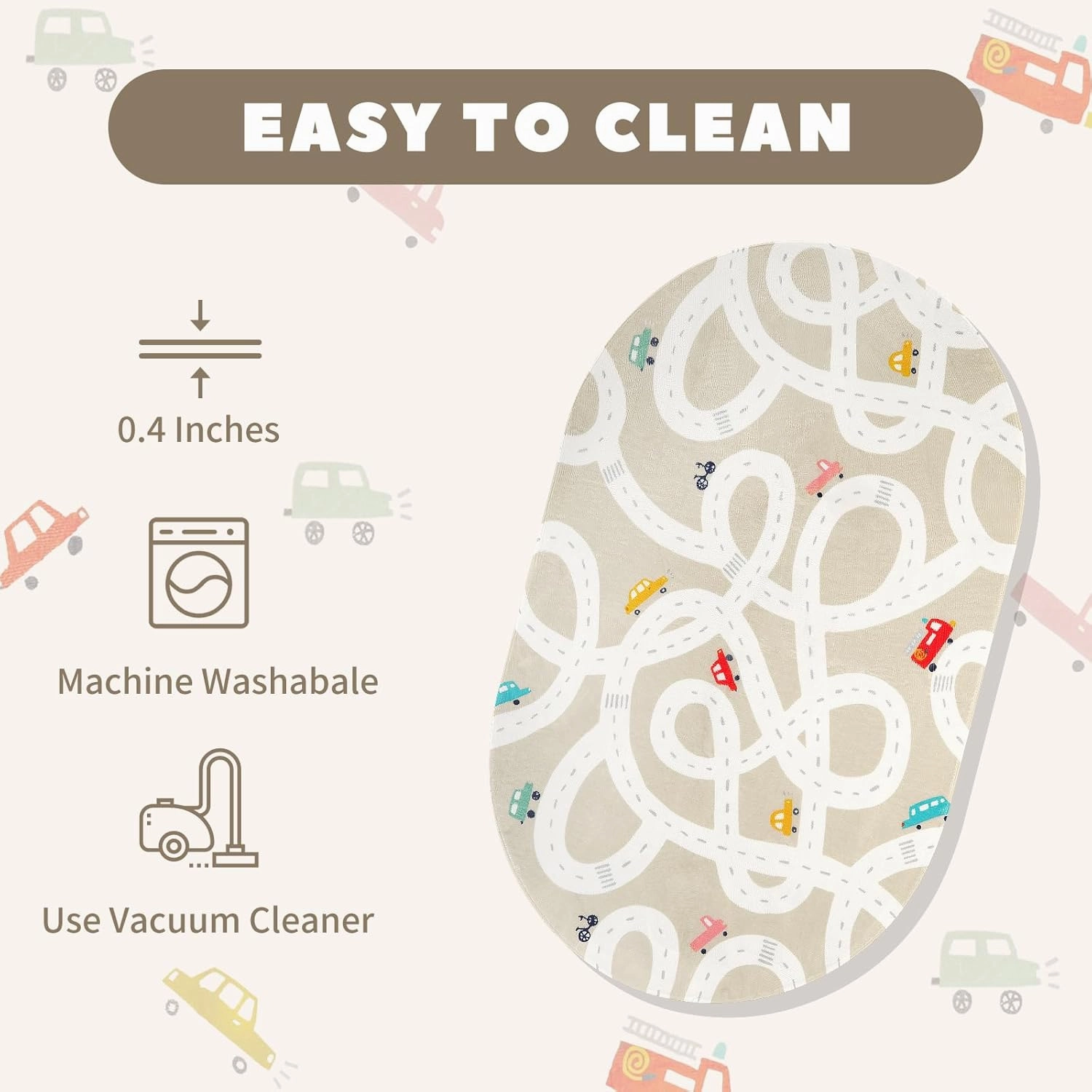 STARUIA Large Washable Road Rug for Playroom, 4'x6', Tan Traffic Classroom Rug, Non-Slip Baby Play Mat for Dorm Toy Room Tent