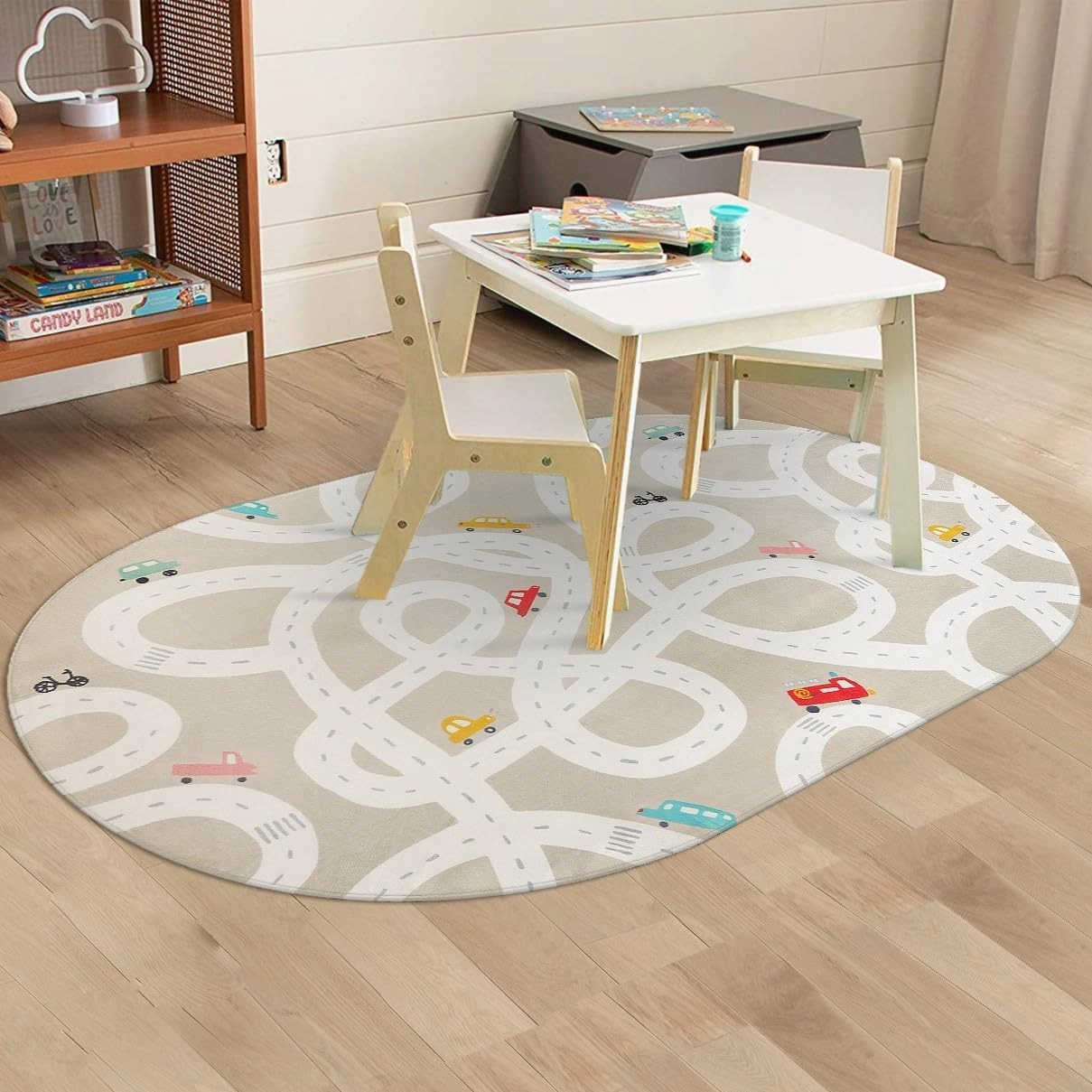 STARUIA Large Washable Road Rug for Playroom, 4'x6', Tan Traffic Classroom Rug, Non-Slip Baby Play Mat for Dorm Toy Room Tent