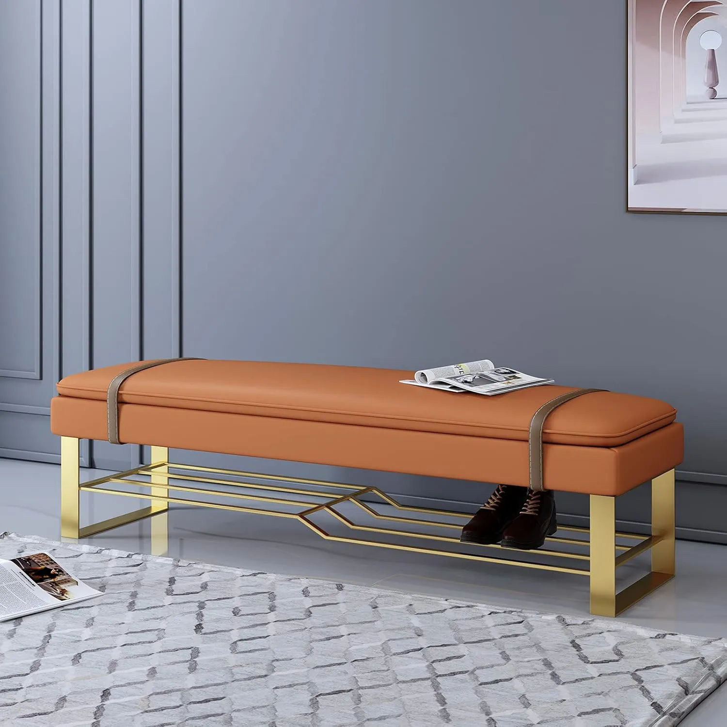 Storage Shoe Bench, Upholstered Entryway Shoe Rack - Soft PU Cushion Seat for Hallway
