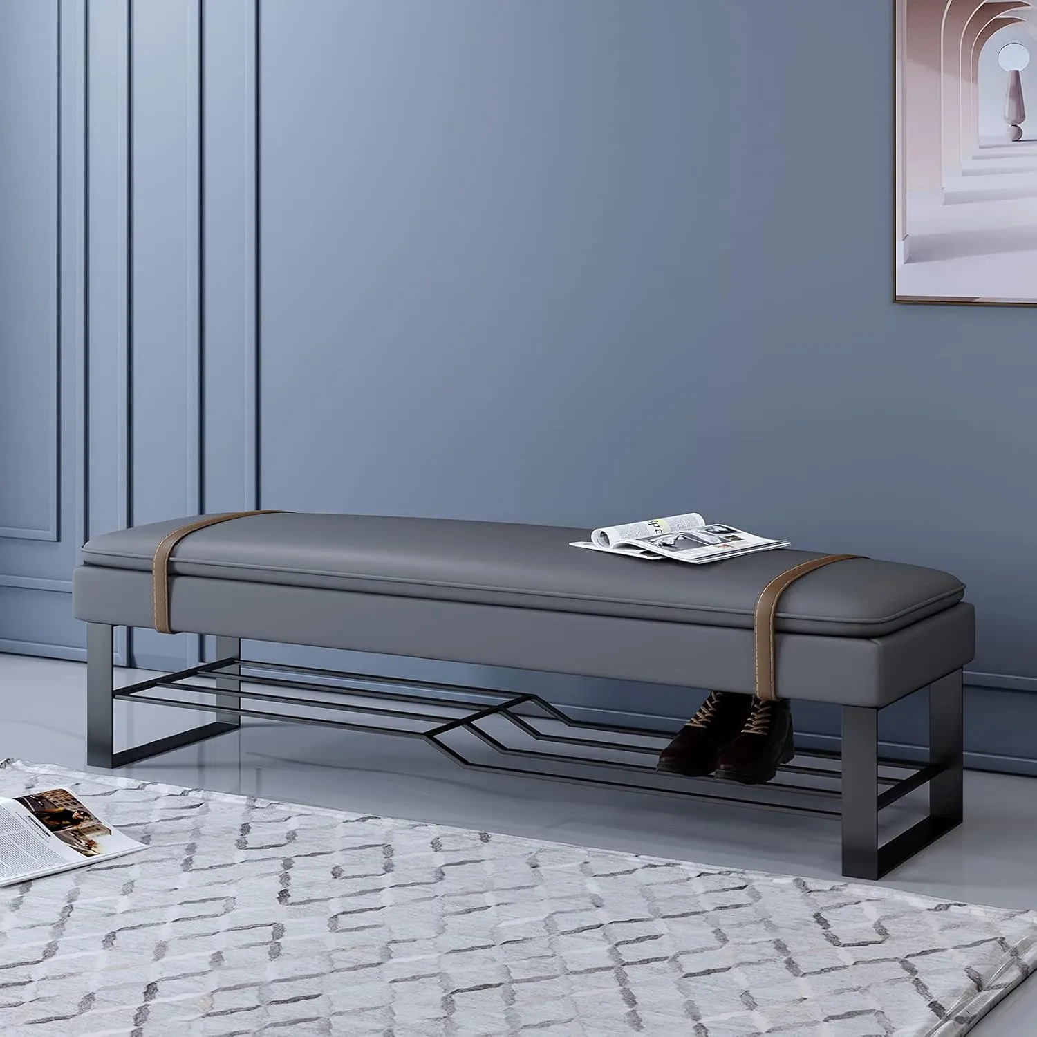 Storage Shoe Bench, Upholstered Entryway Shoe Rack - Soft PU Cushion Seat for Hallway