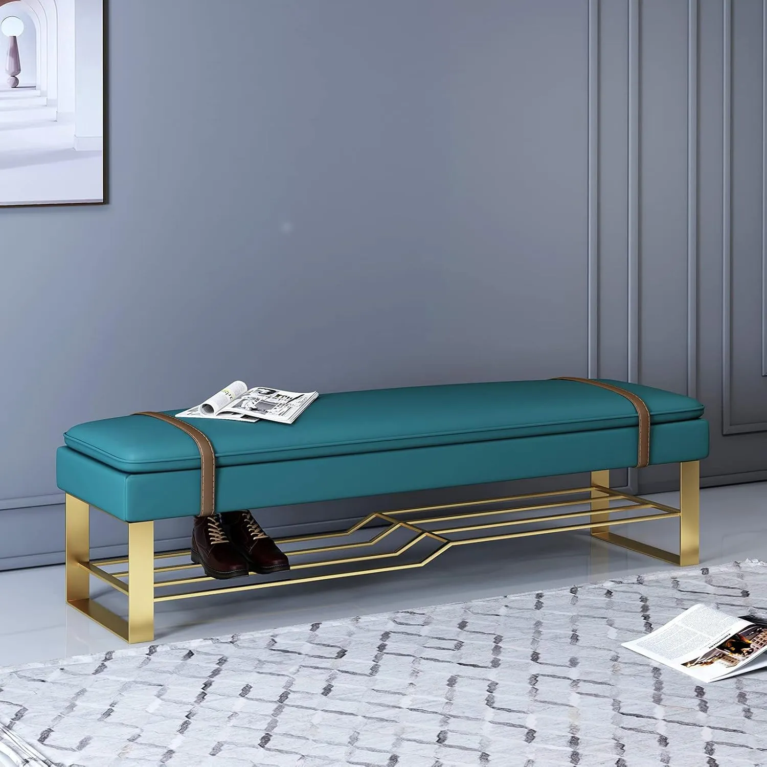 Storage Shoe Bench, Upholstered Entryway Shoe Rack - Soft PU Cushion Seat for Hallway