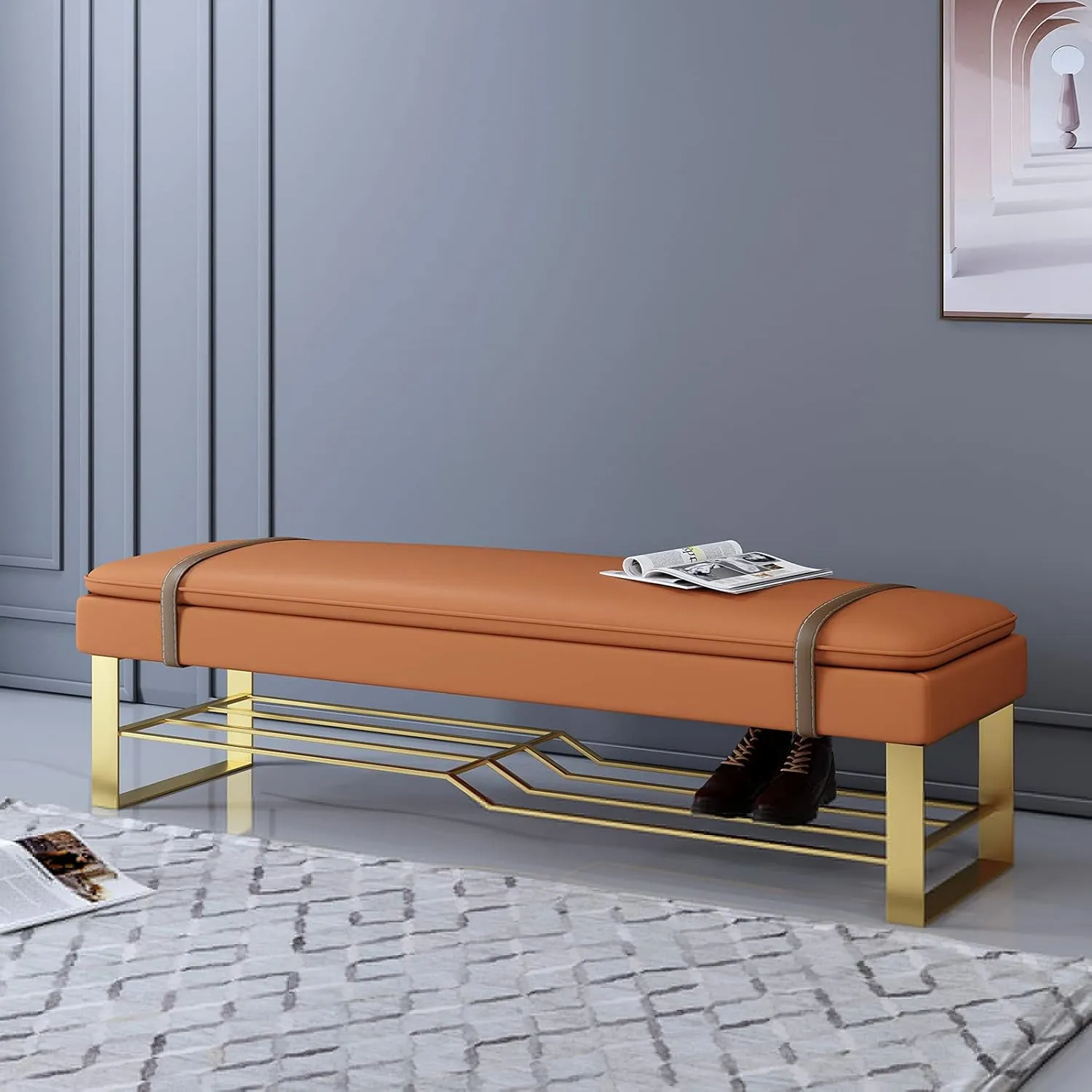 Storage Shoe Bench, Upholstered Entryway Shoe Rack - Soft PU Cushion Seat for Hallway