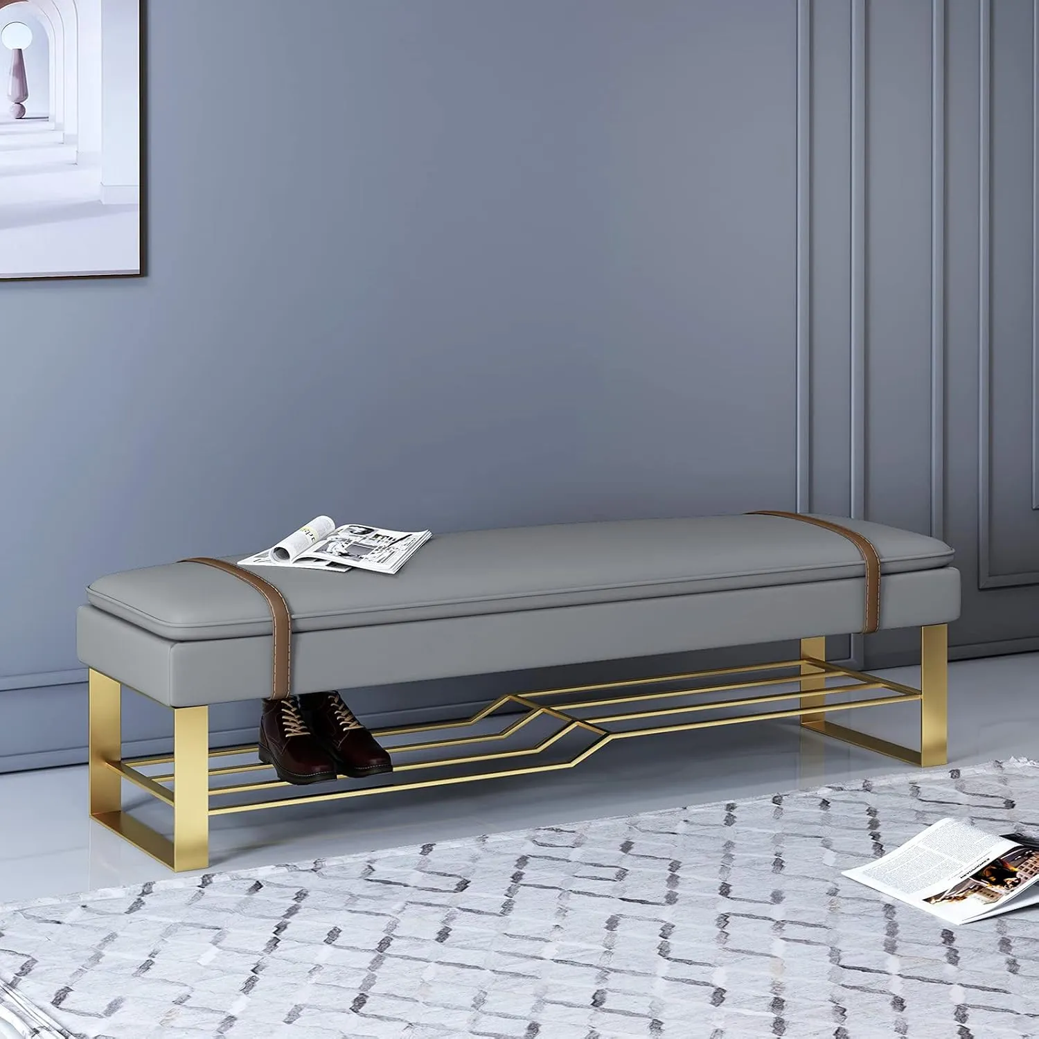 Storage Shoe Bench, Upholstered Entryway Shoe Rack - Soft PU Cushion Seat for Hallway