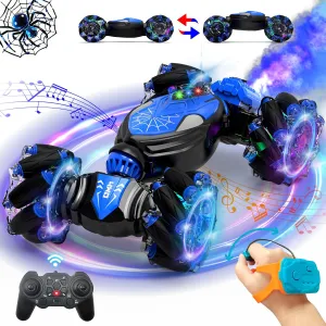 Stunt Remote Control Car Toys: Gesture Sensing 4WD Car 360° Rotating - RC Transformer Toys with Light and Music Spray - All Terrain for Kids 6 7 8 9 10 11 12 for Kids Blue