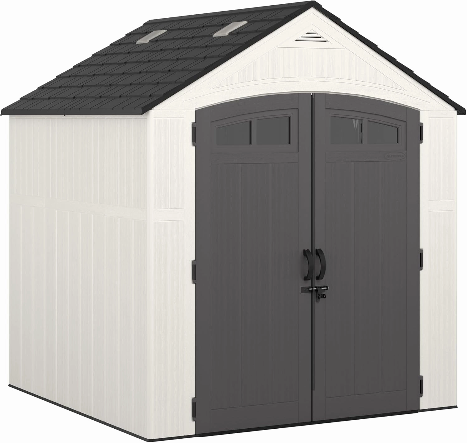 Suncast Ridgeland All-Weather Outdoor 7' x 7' Storage Shed with 327 cu. ft. Capacity, 2 Lockable Double Doors, Windows, Skylights, and Reinforced Resin Floor, Made in The USA