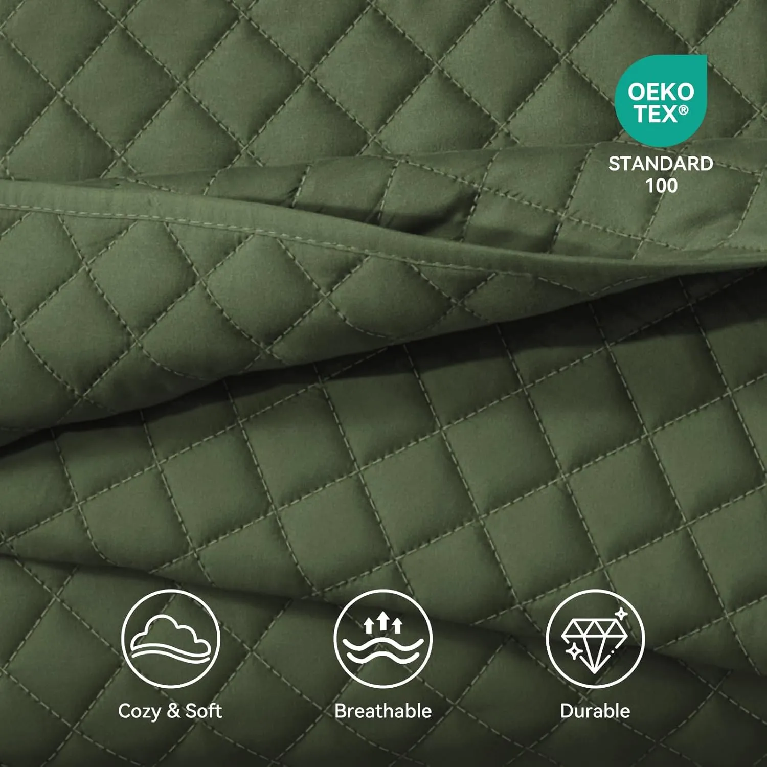 SunStyle Home Olive Green Queen Quilt Bedding Set, Lightweight Summer Blanket Bedspread, Full Queen Size Quilt, Luxury Durable Quilted Stitching Coverlet with 2 Pillow Shams Diamond All Seasons 3pcs