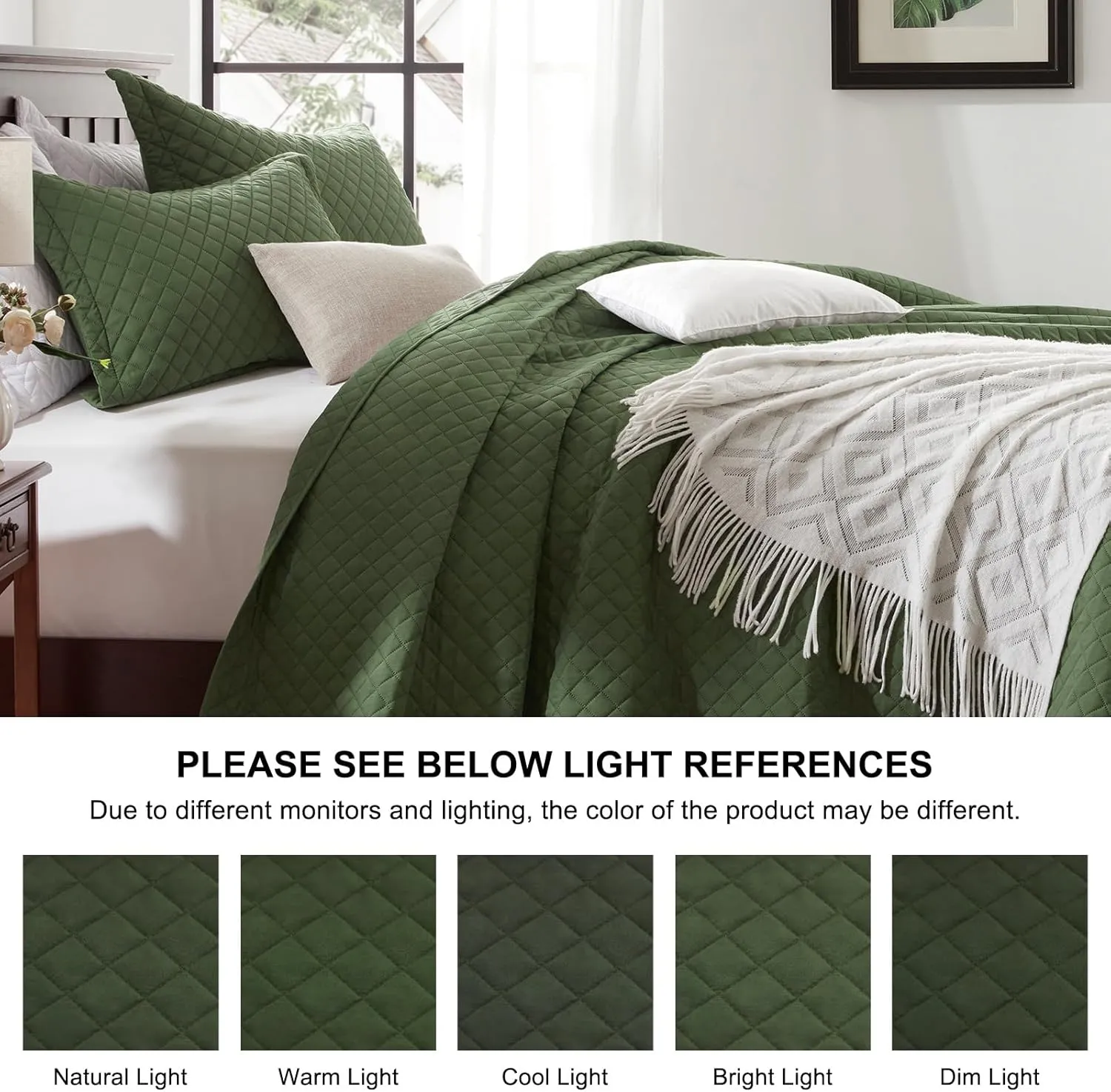 SunStyle Home Olive Green Queen Quilt Bedding Set, Lightweight Summer Blanket Bedspread, Full Queen Size Quilt, Luxury Durable Quilted Stitching Coverlet with 2 Pillow Shams Diamond All Seasons 3pcs