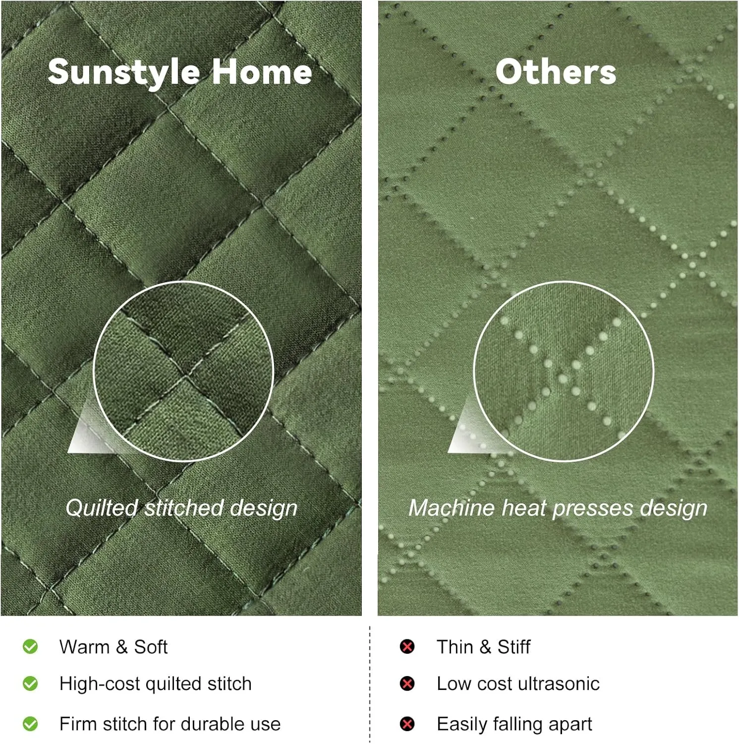 SunStyle Home Olive Green Queen Quilt Bedding Set, Lightweight Summer Blanket Bedspread, Full Queen Size Quilt, Luxury Durable Quilted Stitching Coverlet with 2 Pillow Shams Diamond All Seasons 3pcs