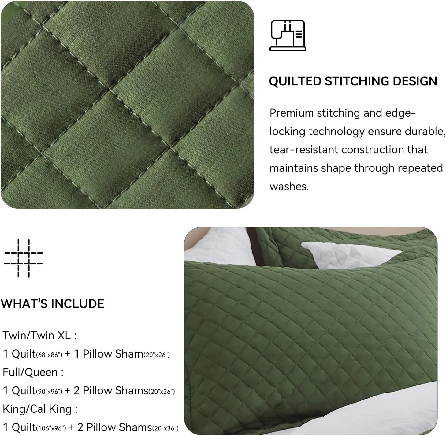 SunStyle Home Olive Green Queen Quilt Bedding Set, Lightweight Summer Blanket Bedspread, Full Queen Size Quilt, Luxury Durable Quilted Stitching Coverlet with 2 Pillow Shams Diamond All Seasons 3pcs