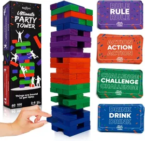 SWOOC Games - Ultimate Party Tower™ - 100 Original Commands, 60 Blocks, & 1000s of Hilarious Rule Combinations - A Tipsy Spin on Fun Classic Games for Power Hour - Ages 21  - Wooden Tower Blocks Game