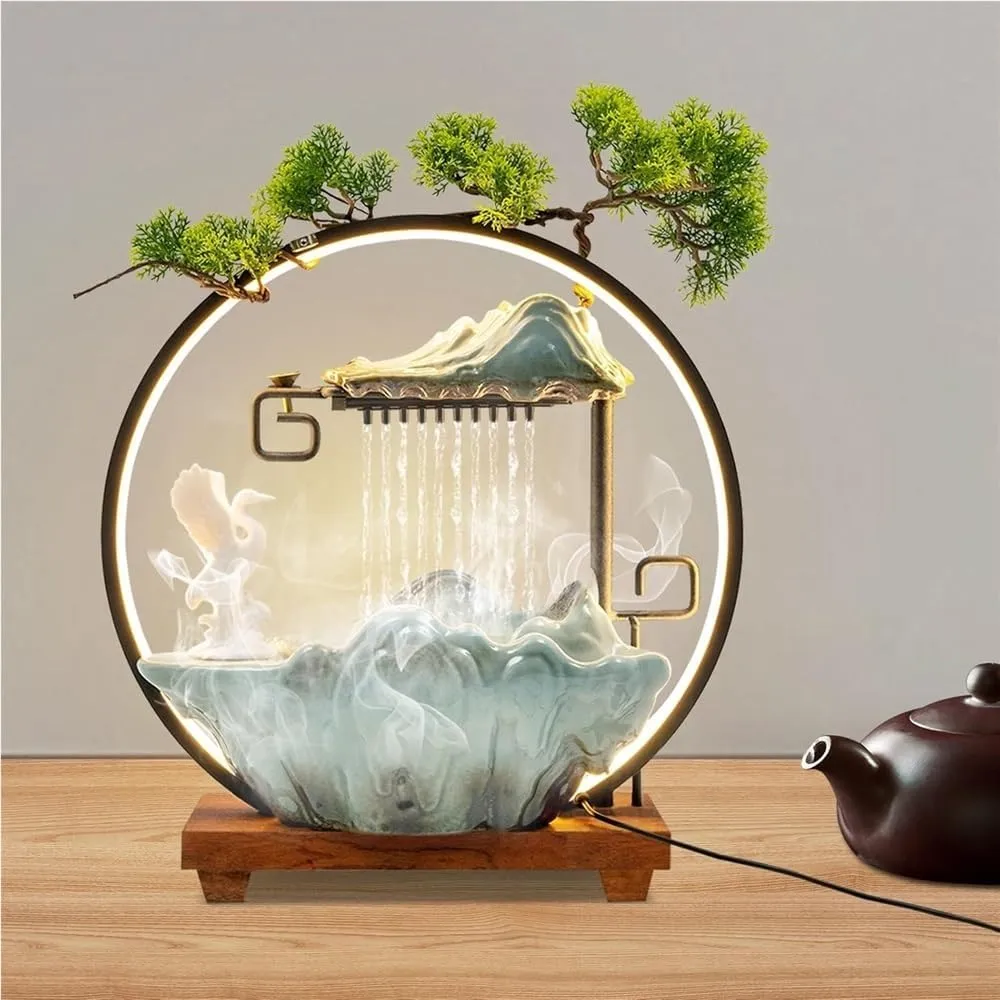 Tabletop Water Fountains Indoor with Backflow Incense Holder, Chinese Feng Shui Waterfall Desktop Fountain and LED Light, Indoor Ceramic Animal Fountain for Wealth-Booming Luck(Moss Green,14x6x15inch)