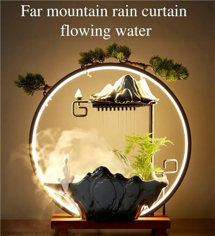 Tabletop Water Fountains Indoor with Backflow Incense Holder, Chinese Feng Shui Waterfall Desktop Fountain and LED Light, Indoor Ceramic Animal Fountain for Wealth-Booming Luck(Moss Green,14x6x15inch)
