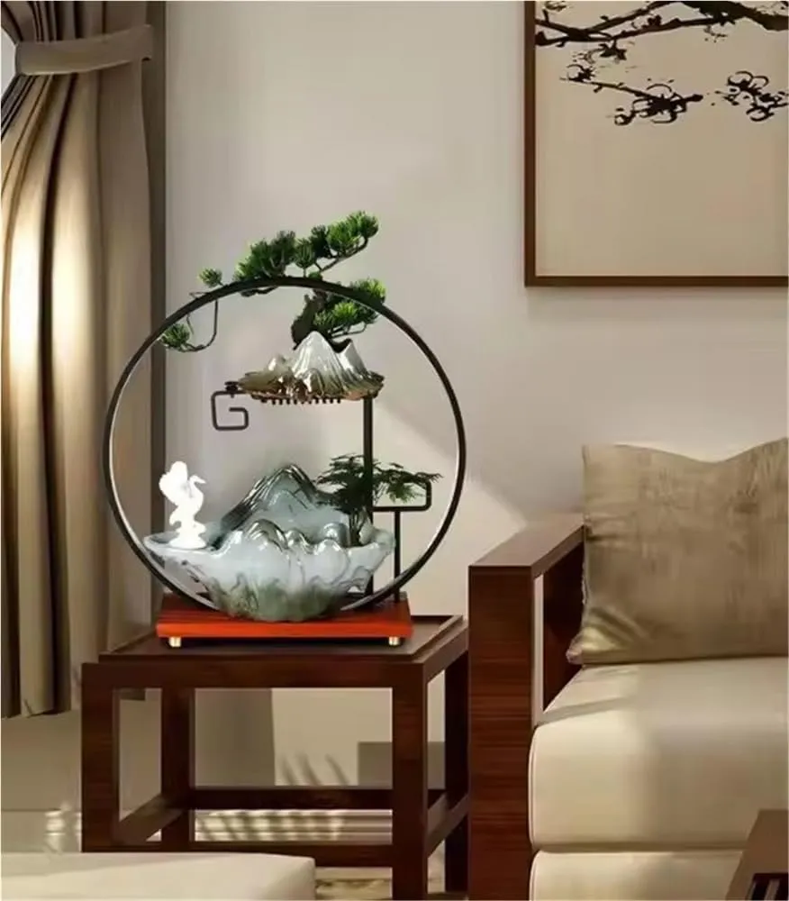 Tabletop Water Fountains Indoor with Backflow Incense Holder, Chinese Feng Shui Waterfall Desktop Fountain and LED Light, Indoor Ceramic Animal Fountain for Wealth-Booming Luck(Moss Green,14x6x15inch)
