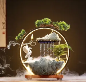 Tabletop Water Fountains Indoor with Backflow Incense Holder, Chinese Feng Shui Waterfall Desktop Fountain and LED Light, Indoor Ceramic Animal Fountain for Wealth-Booming Luck(Moss Green,14x6x15inch)