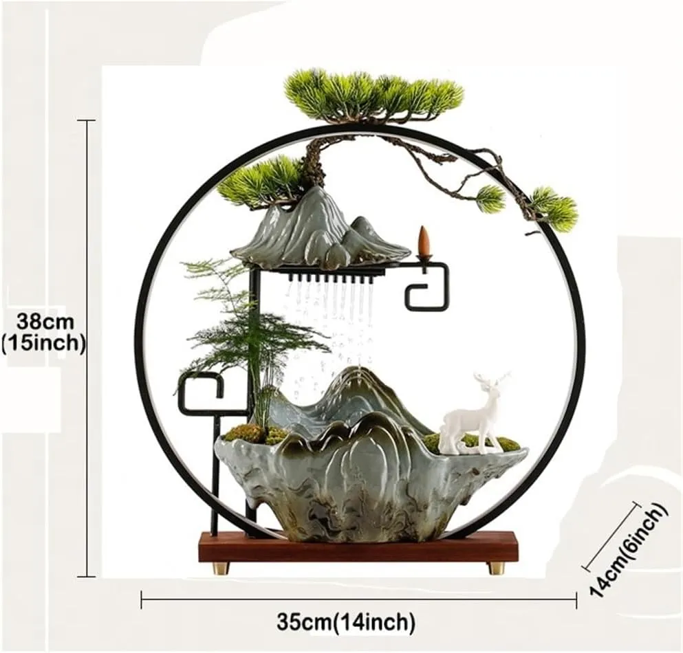 Tabletop Water Fountains Indoor with Backflow Incense Holder, Chinese Feng Shui Waterfall Desktop Fountain and LED Light, Indoor Ceramic Animal Fountain for Wealth-Booming Luck(Moss Green,14x6x15inch)